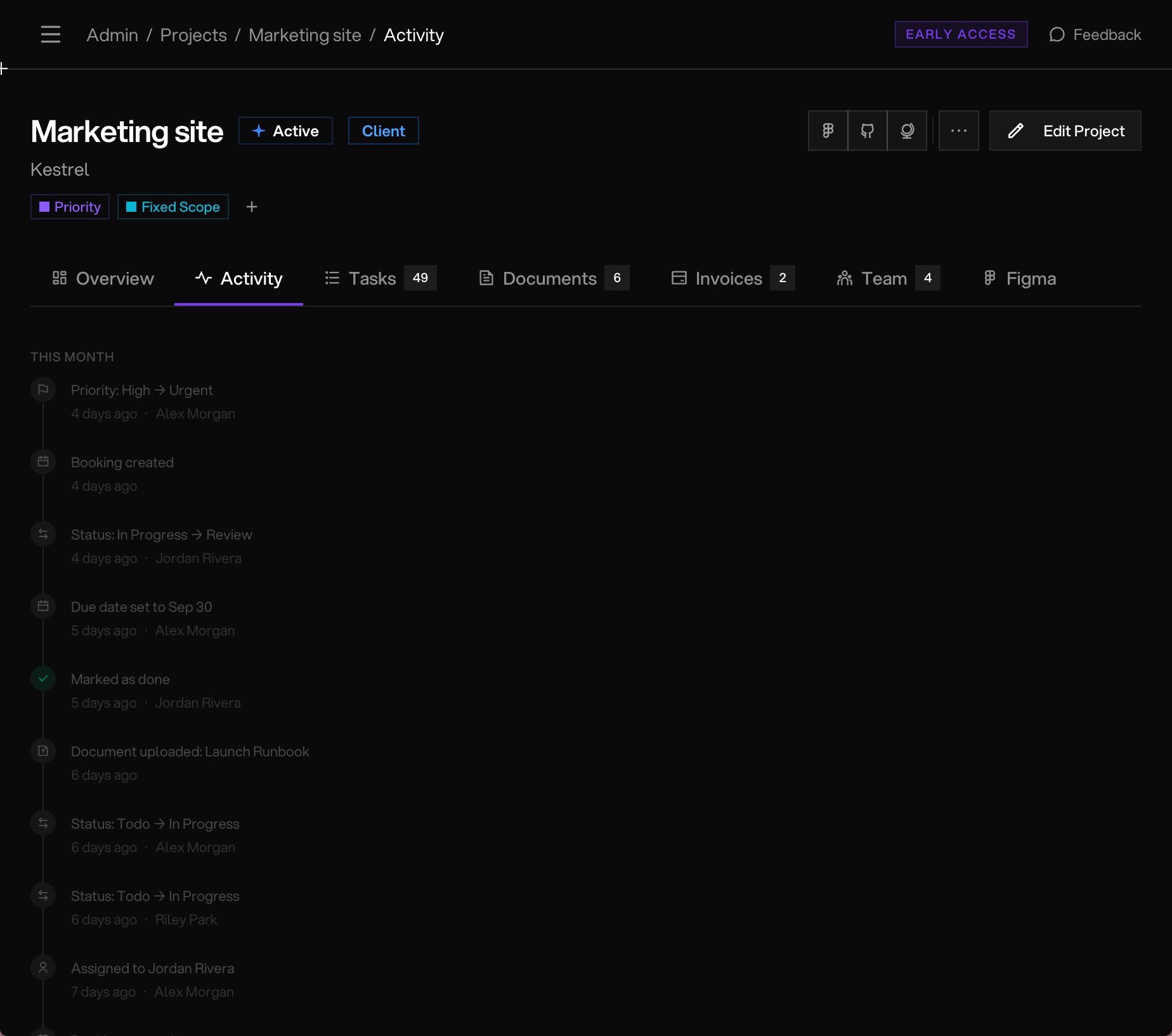 The Vean client portal — a timestamped activity feed of bookings, status changes and document uploads