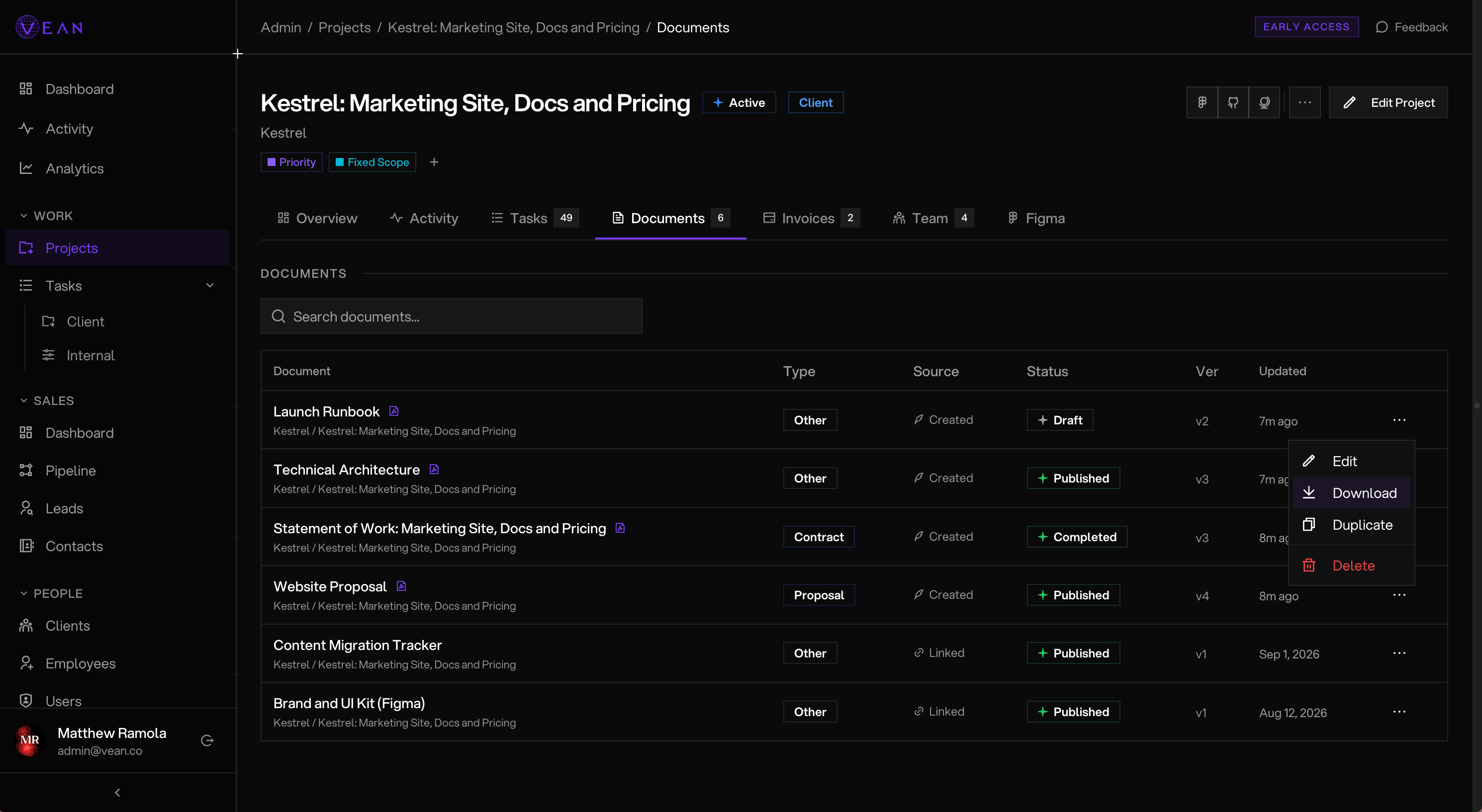 The Vean client portal — project documents with a signed statement of work, a published proposal and a draft runbook