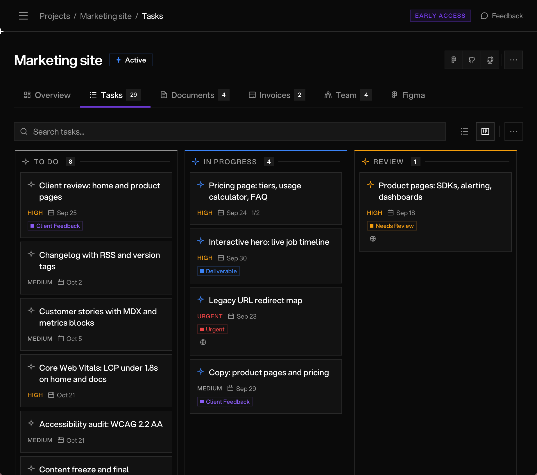 The Vean client portal — a live task board for a marketing site build, columns for to do, in progress, review and done